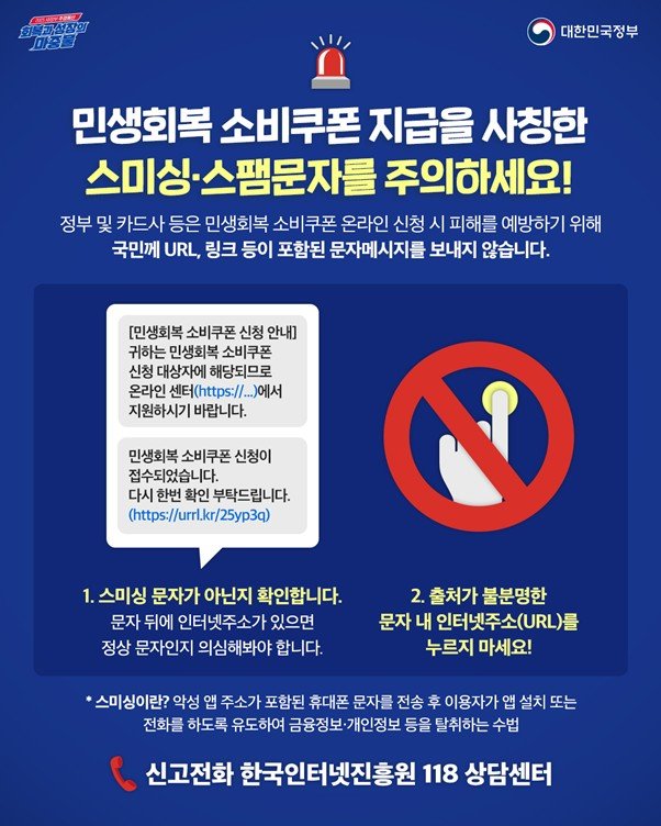 [서울=뉴시스] 정부가 오는 22일부터 진행하는 2차 민생회복 소비쿠폰 신청·지급 시기와 맞물려 정부·카드사·은행 등을 무료 바카라 게임해 지급대상·금액 안내, 카드 사용 승인, 신청 등의 다양한 스미싱 공격이 예상된다며 주의를 당부했다. (사진=과학기술정보통신부 제공) *재판매 및 DB 금지