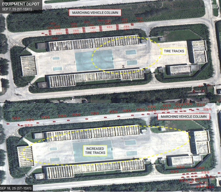 'SI 애널리틱스'(SI Analytics)는 25일 북한 곳곳에서 열병식 동향이 포착되고 있다고 밝혔다.사진은 무기저장고로 보이는 곳에서의 타이어 흔적이 포착된 모습. SI Analytics·NK인사이트 캡처·뉴스1
