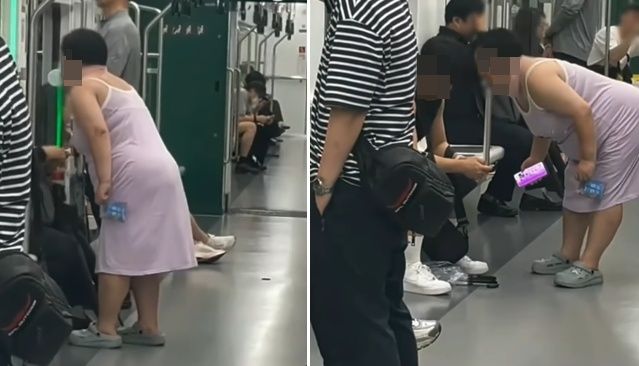 온라인 커뮤니티에 '에볼루션 바카라 2호선 풍선껌으로 승객 괴롭히는 아주머니'라는 제목으로 올라온 영상 속 여성의 모습. /사진=보배드림 캡처