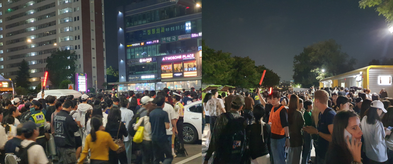 축제가 끝나고 관람객들이 귀가를 위해 지하철 6호선 여의도역으로 이동하고 있다. (오른쪽) 공원 화장실 앞 화장실 이용을 기다리는 사람과 관람객들이 한데 뒤섞여 있다. 사진=최승한 기자