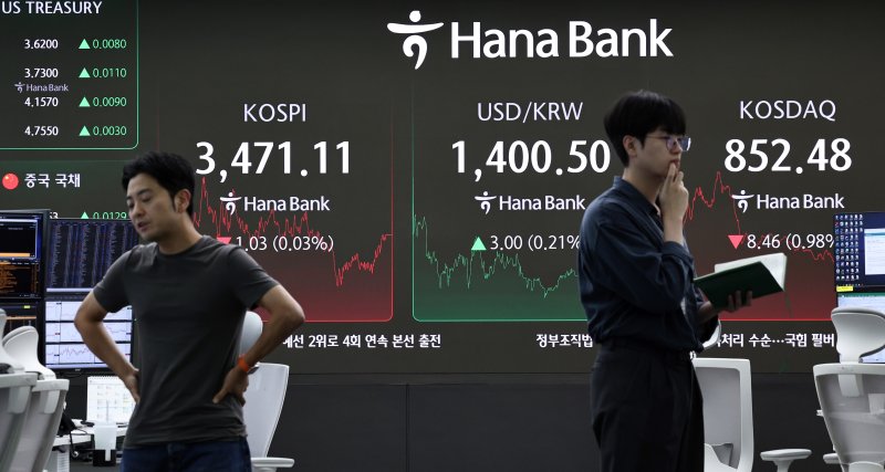 서울 중구 하나은행 본점 딜링룸 전광판. /뉴스1 ⓒ News1