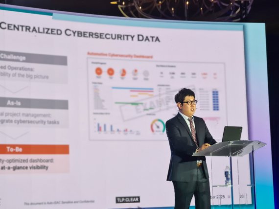 [류승우 페스카로 사업개발팀장이 ‘오토아이삭 사이버보안 서밋 2025’에서 차량 통합보안을 위한 디지털전환 전략을 발표하고 있다. (출처 = 페스카로)]