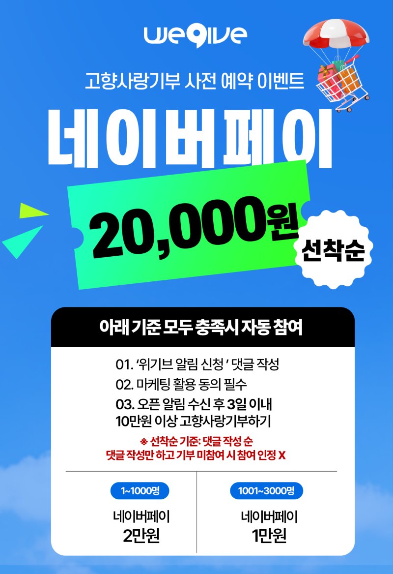 위기브, 고향사랑기부 사전 예약 이벤트…네이버페이 최대 2만원 지급 - 파이낸셜뉴스