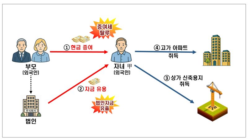 외국인이 부모로부터의 편법증여 및 법인자금을 이용해 아파트와 토지를 취득하면서 증여세.법인세 탈루. 국세청 제공