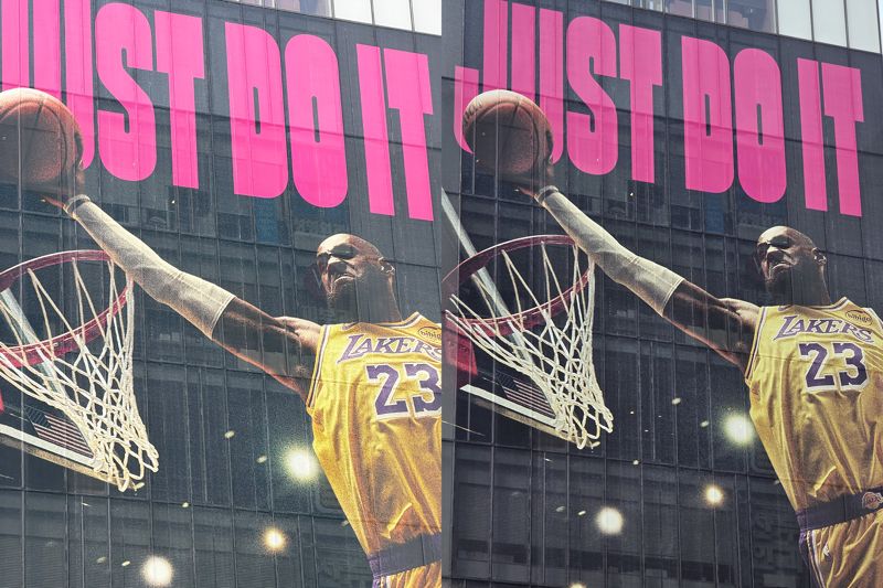 아이폰 17 프로 맥스(왼쪽)와 갤럭시 S25 울트라로 촬영한 르브론 제임스 나이키 광고판 사진. 사진=구자윤 기자