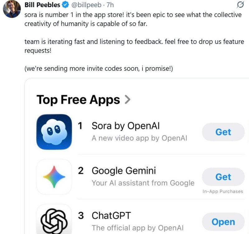 오픈AI의 빌 피블스 소라 부문 대표가 애플 앱스토어 1위를 자축하는 글을 X에 올렸다. 연합뉴스