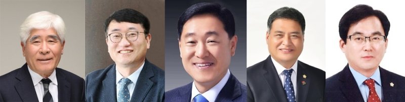 제9회 전국동시지방선거 에볼루션 바카라 선거 출마 후보군(왼쪽부터 김순빈(72) 전 여수시의회 부의장, 명창환(56) 전남도 행정부지사, 강문성(60) 전남도의원, 주종섭(60) 도의원, 이상우 (55)조국혁신당 여수지역위원회 위원장)