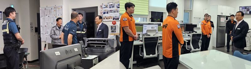 이현재 하남시장이 추석 당일인 6일 덕풍 지구대(왼쪽)와 미사119안전센터를 각각 방문, 연휴에도 시민의 안전을 위해 최일선 현장을 지키는 근무자들을 격려하고 있다. 하남시 제공