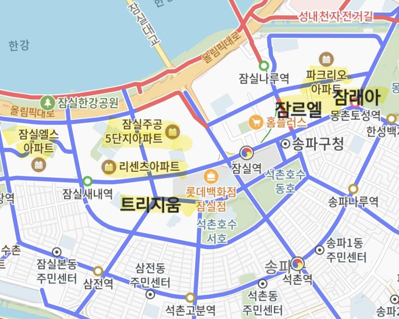 잠실권역 주요 단지 위치도. 카카오맵 갈무리