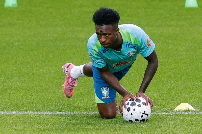 브라질 남자 축구 국가대표팀 비니시우스 주니오르가 대한민국과의 A매치 평가전을 하루 앞둔 9일 오후 서울 마포구 월드컵경기장에서 훈련을 하고 있다. 2025.10.9/뉴스1 ⓒ News1 안은나 기자