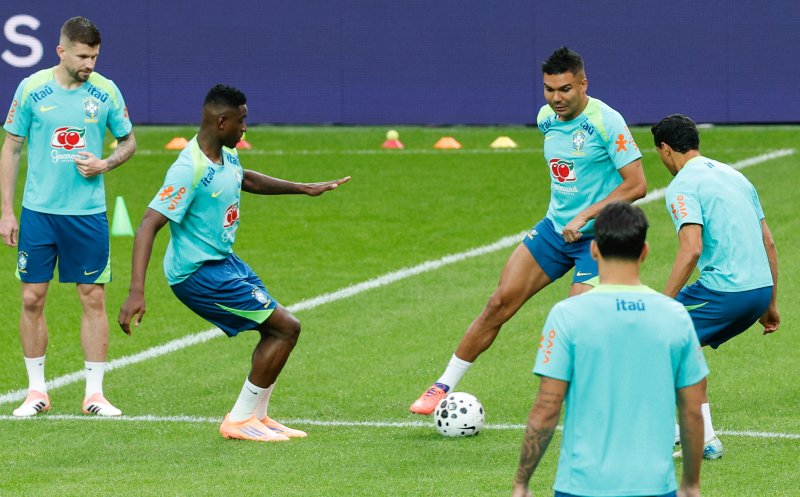 브라질 남자 축구 국가대표팀 주장 카세미루 등 선수들이 대한민국과의 A매치 평가전을 하루 앞둔 9일 오후 서울 마포구 월드컵경기장에서 훈련을 하고 있다. 2025.10.9/뉴스1 ⓒ News1 안은나 기자