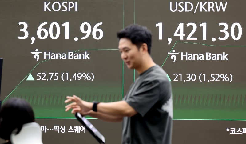 추석 연휴를 마치고 코스피가 3,600선을 돌파하며 최고가를 기록한 오전 서울 중구 하나은행 딜링룸 전광판에 개장 시황이 나오고 있다. ⓒ News1 이호윤 기자