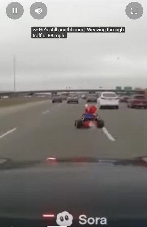 마리오 카트가 미국 고속도로를 달리는 모습 소라2 생성 영상 갈무리