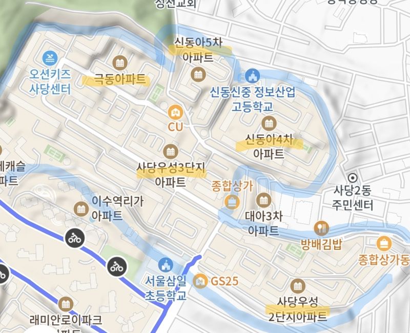 서울 동작구 사당동 우·극·신(우성2·3단지, 극동, 신동아4차)과 신동아5차 위치도. 카카오맵 갈무리