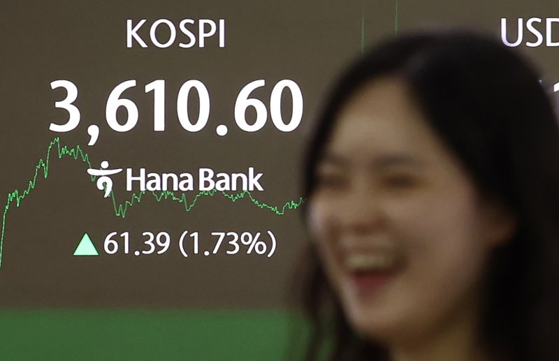 코스피가 사상 처음으로 1.73% 오른 3610.60으로 상승 마감한 10일 오후 서울 중구 하나은행 딜링룸 전광판에 종가가 표시되고 있다. 2025.10.10/라이브스코어 바카라사이트1 ⓒ News1 김민지 기자