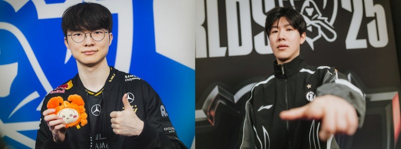[서울=뉴시스] (왼쪽부터) 리그 오브 레전드(LoL) e스포츠 한국 리그(LCK) 팀 T1 소속 '페이커' 이상혁과 중국 리그(LPL) 팀 인빅터스 게이밍(IG) 소속 '더샤이' 강승록 (사진=라이엇 게임즈 제공) *재판매 및 DB 금지