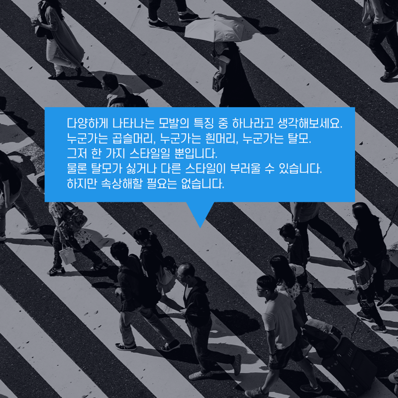 탈모 커뮤니티 모아시스에서 진행하는 '자연스러운 거야' 캠페인의 일부. 모아시스는 탈모가 노화의 일환이며 다양한 모발의 특징 중 하나일 뿐이며 충분히 개선 가능하다고 안내한다. 사진: 모아시스 웹페이지