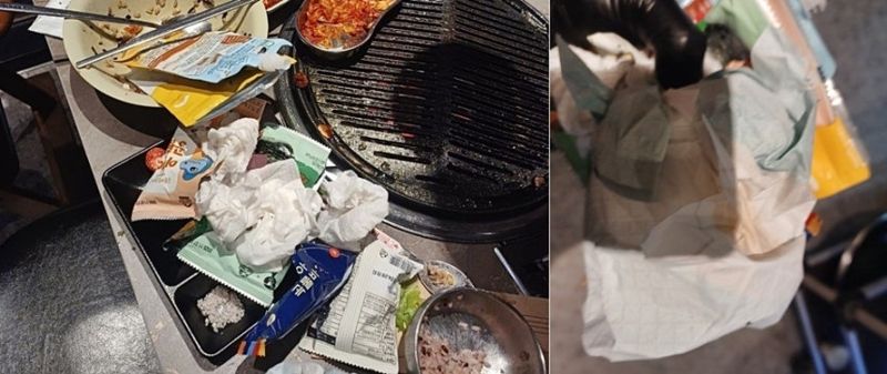 당에서 식사를 마친 부부가 테이블에 쓰레기와 기저귀까지 버리고 갔다는 사연이 알려져 공분을 샀다./사진=자영업자 커뮤니티 '아프니까 사장이다'