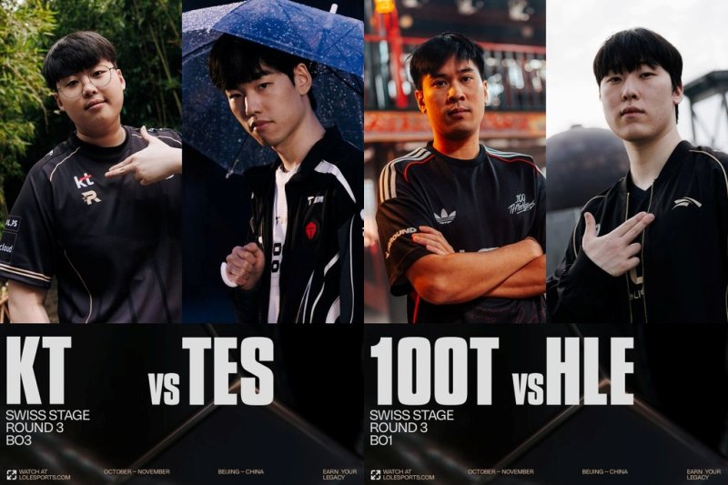 [서울=뉴시스] 17일 라이엇 게임즈에 따르면 이날 오후 중국 베이징 스마트 e스포츠 센터에서 월즈 스위스 스테이지 3라운드 KT롤스터와 탑 e스포츠(TES) 간 대결이 열릴 예정이다. 오는 18일 오후에는 한화생명e스포츠가 원 헌드레드 시브즈(100T)와 대결할 예정이다. (사진=LoL e스포츠 엑스) *재판매 및 DB 금지