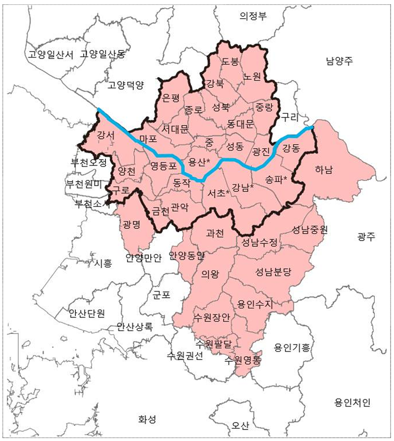 토지거래허가구역 신규 지정 지역 인포그래픽(*강남·서초·송파·용산: '아파트' 대상으로 토지거래허가구역 기 지정). 국토교통부 제공