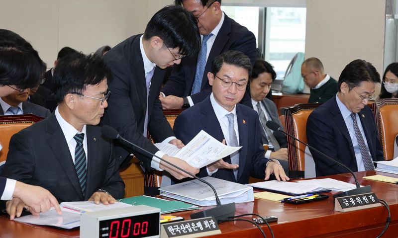 박상진 산업은행장이 20일 국회 정무위원회에서 열린 금융위원회 등에 대한 국정감사에서 관계자의 보고를 받고 있다. 사진=박범준 기자