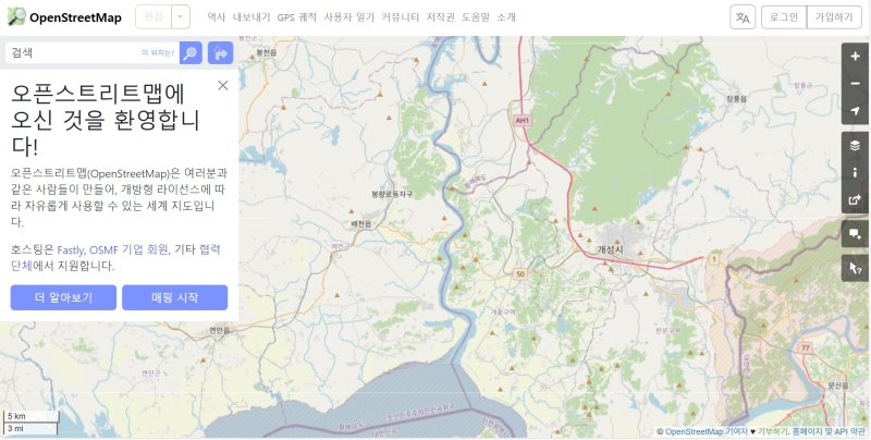 오픈스트리트맵(OSM)에 북한 예성강 하류가 표시된 모습 (OSM 갈무리)