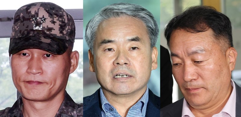 왼쪽부터 박진희 전 국방부 군사보좌관(육군 소장), 이종섭 전 국방부 장관, 김계환 전 해병대사령관. 2025.10.22./ⓒ 뉴스1