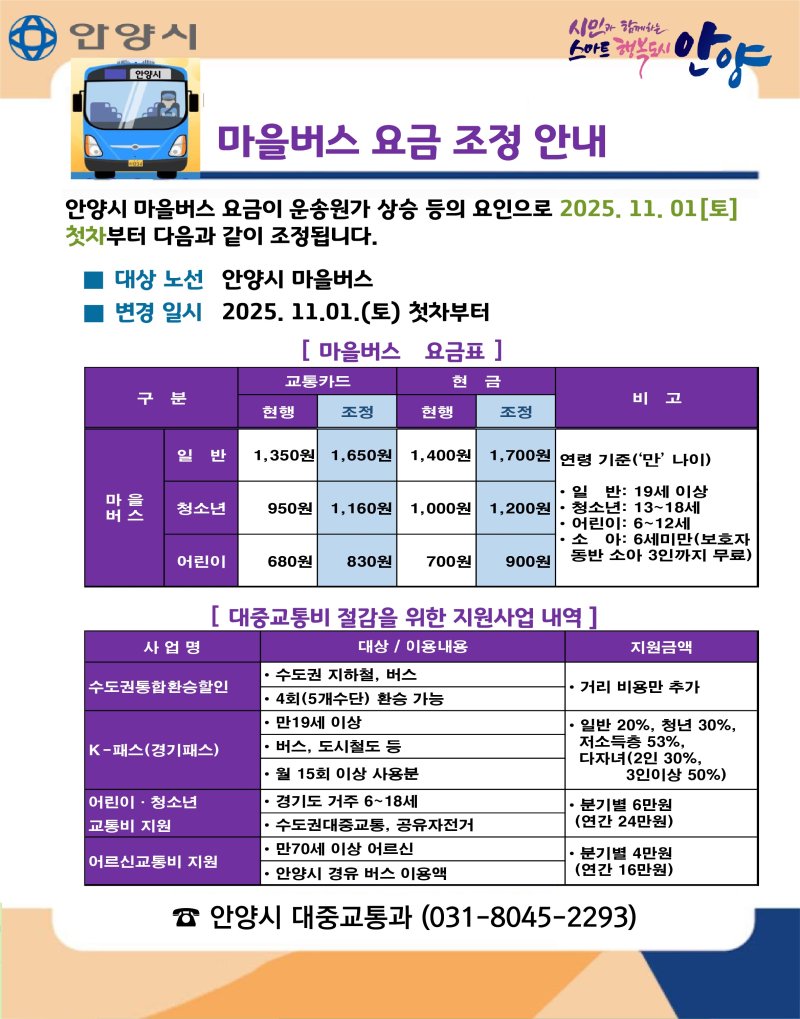 안양시, 11월 1일부터 마을버스 요금 '일반 1650원'으로 인상