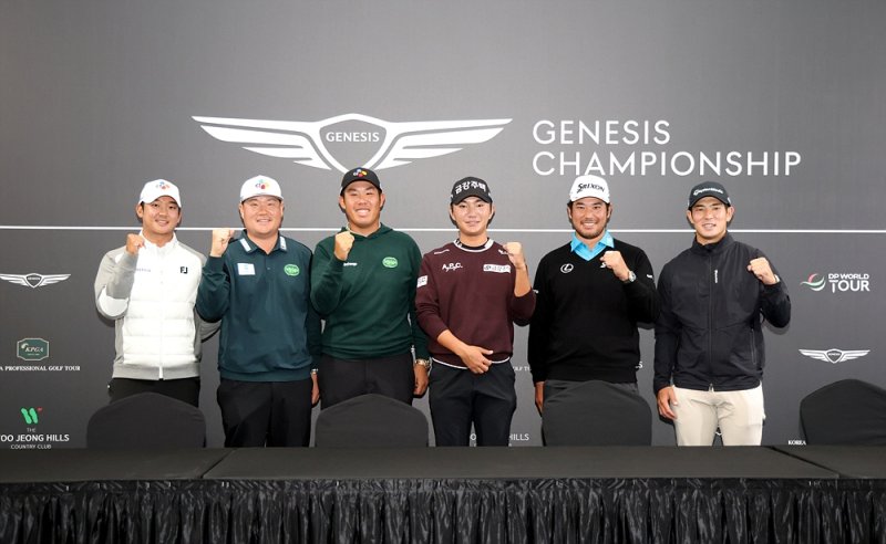 제네시스 챔피언십 기자회견에 참석한 최승빈(왼쪽부터), 임성재, 안병훈, 옥태훈, 마쓰야마 히데키, 나카지마 케이타. (사진=KPGA 제공). 2025.10.22. *재판매 및 DB 금지