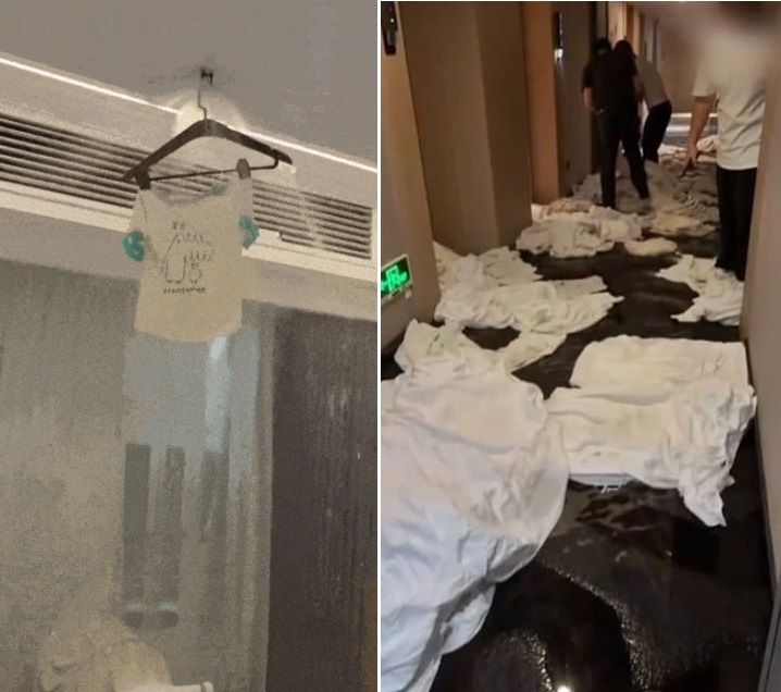 중국 한 호텔에서 투숙객이 스프링클러에 옷을 걸었다가 2개층이 침수되는 사고가 발생했다. 왼쪽 사진은 지난 7월 구이저우성 호텔서 발생한 사고 사진. 사진=환구망, 뉴스1