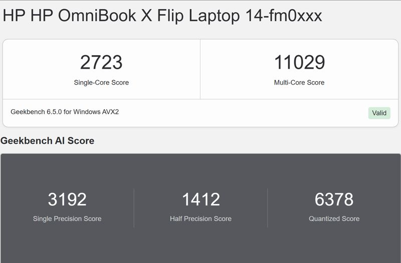 긱벤치6(위)와 긱벤치 AI로 HP 옴니북 X 플립 14 성능을 측정한 결과. 사진=구자윤 기자