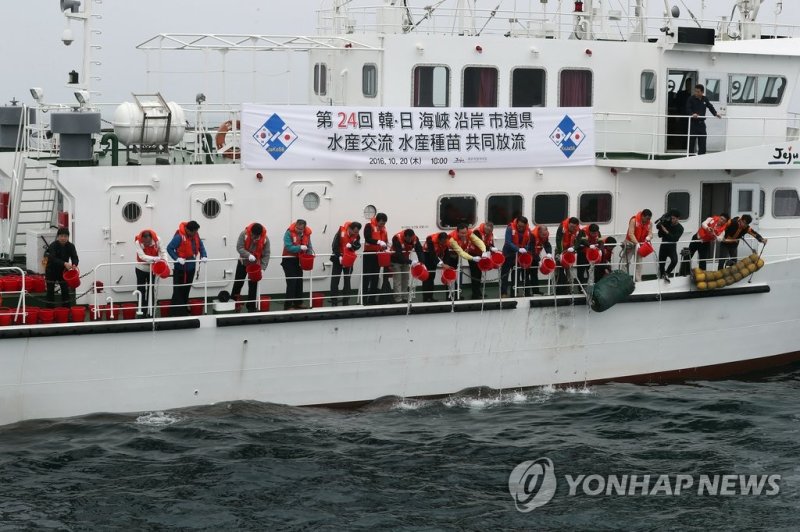 2016년 자주복 치어 방류하는 한일 수산관계자들 (출처=연합뉴스)