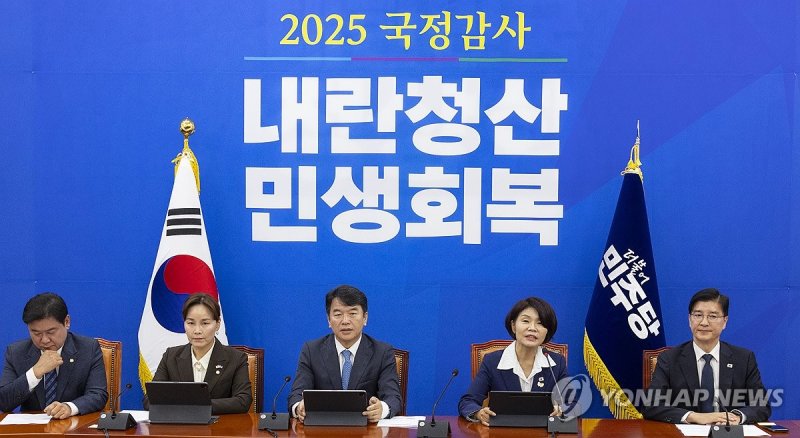 민주당 국정감사 대책 회의에서 발언하는 한정애 정책위의장 (출처=연합뉴스)