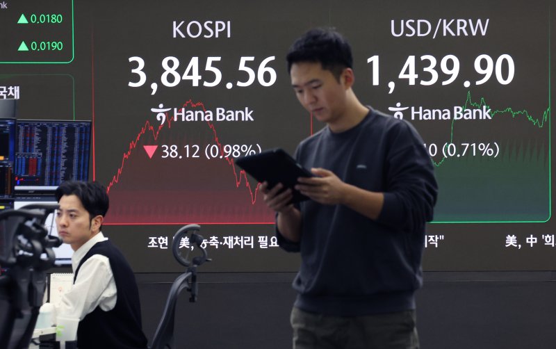 [서울=뉴시스] 김진아 기자 = 23일 서울 중구 하나은행 딜링룸에서 딜러들이 업무를 보고 있다. 코스피는 전 거래일(3883.68)보다 38.12포인트(0.98%) 하락한 3845.56에, 코스닥 지수는 전 거래일(879.15)보다 7.12포인트(0.81%) 내린 872.03에 거래를 종료했다. 2025.10.23. bluesoda@newsis.com