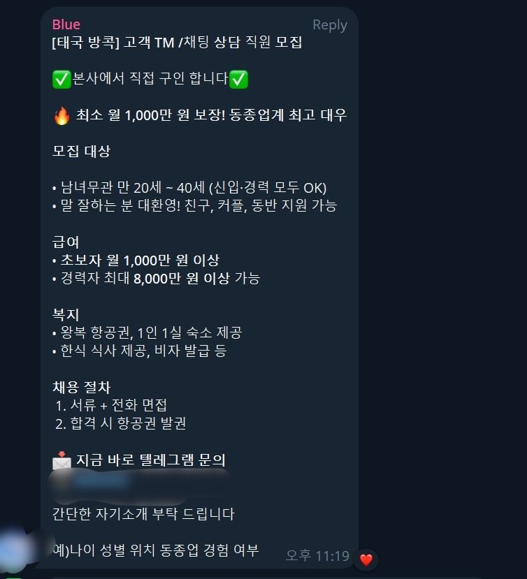 23일 오전 텔레그램의 한 구직 채널에 올라온 '고수익 일자리' 빙자 유인 구직글