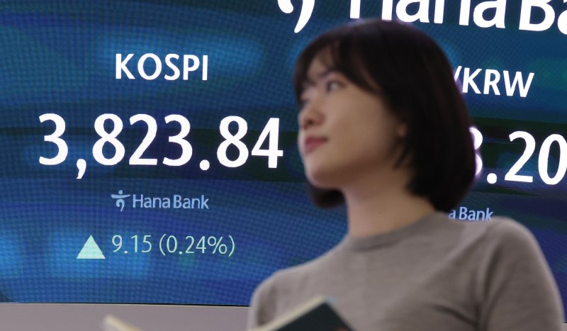 [서울=뉴시스] 이영환 기자 = 코스피가 전 거래일(3814.69)보다 9.15포인트(0.24%) 상승한 3823.84에 장을 마감한 21일 오후 서울 중구 하나은행 딜링룸 전광판에 지수가 표시되어 있다.코스닥 지수는 전 거래일(875.77)보다 3.27포인트(0.37%) 내린 872.50, 서울 외환시장에서 원·달러 환율은 전 거래일 주간거래 종가(1419.2원)보다 8.6원 오른 1427.8원에 주간 거래를 마감했다. 2025.10.21. 20hwan@newsis.com
