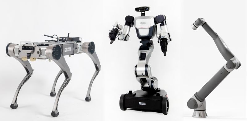 레인보우로보틱스가 기존에 개발한 4족로봇, 이동형 양팔로봇, 협동로봇(왼쪽부터). 삼성중공업 제공