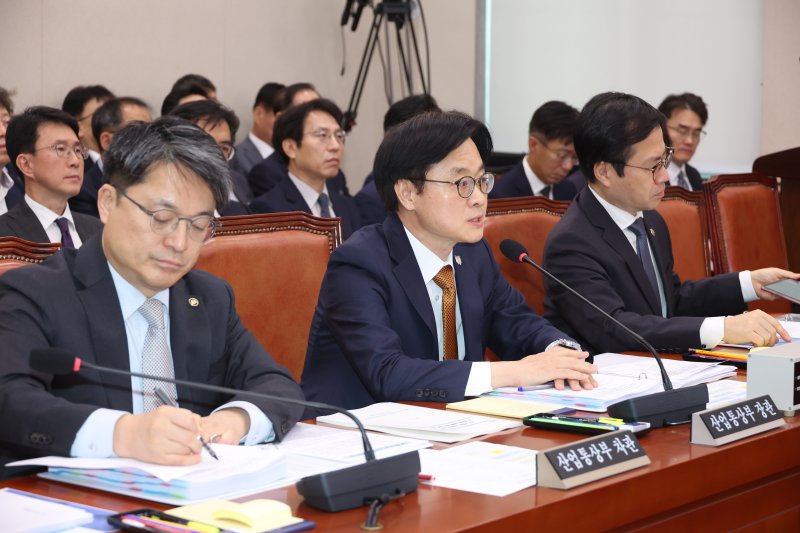 [서울=뉴시스] 고승민 기자 = 김정관 산업통상자원부 장관이 24일 서울 여의도 국회에서 열린 산업통상자원중소벤처기업위원회의 산업통상자원부 등 종합감사에서 의원 질의에 답하고 있다. 2025.10.24. kkssmm99@newsis.com