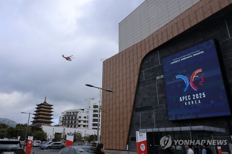 APEC 정상회의장 위로 지나가는 소방헬기 (출처=연합뉴스)