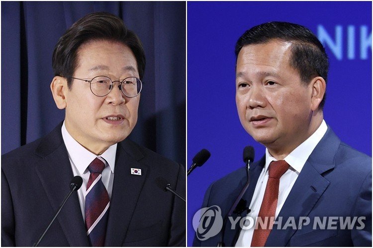 이재명 대통령(왼쪽)과 훈 마네트 캄보디아 총리 (출처=연합뉴스)