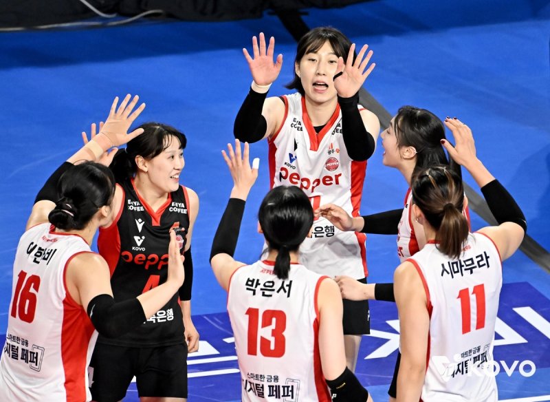 득점 후 기뻐하는 페퍼저축은행 선수들 (출처=연합뉴스)