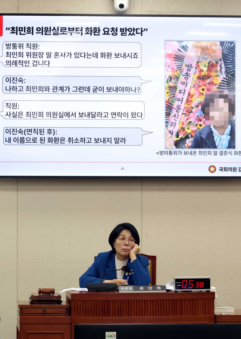 [서울=뉴시스] 조성봉 기자 = 최민희 국회 과방위원장이 23일 오후 서울 여의도 국회에서 열린 과학기술정보방송통신위원회 국정감사에서 잠시 생각에 잠겨 있다. 2025.10.23. suncho21@newsis.com