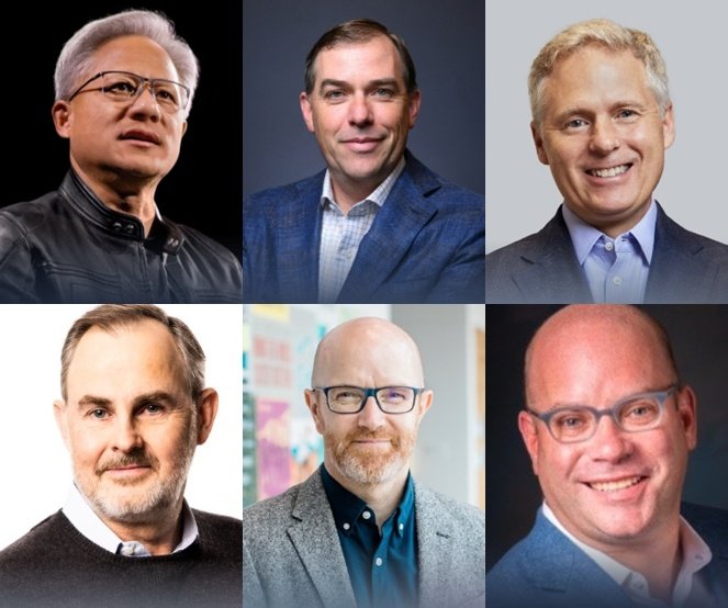 (윗쪽 왼쪽부터)젠슨 황 엔비디아 창업자 겸 CEO, 맷 가먼 아마존웹서비스(AWS) CEO, 사이먼 칸 구글 마케팅 부문 부사장, 안토니 쿡 마이크로소프트(MS) 기업 부사장, 사이먼 밀러 메타 부사장, 에릭 에벤스타인 틱톡 공공정책 총괄(사진=APEC 홈페이지) *재판매 및 DB 금지