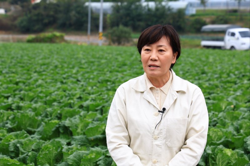 [세종=뉴시스]송미령 농림축산식품부 장관이 26일 김장배추 주산지인 충북 괴산군을 찾아 현장 작황을 점검하고 있다. (사진=농식품부 제공)