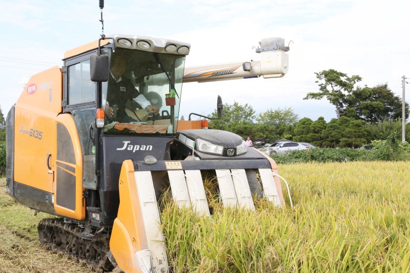 상주시 성동뜰에서 상주쌀연구회와 공무원 등 65명이 참석한 가운데 '미소진품' 작황평가회와 조생종 벼베기 연시회가 열렸다.(상주시 제공,재판매 및 DB 금지)/뉴스1