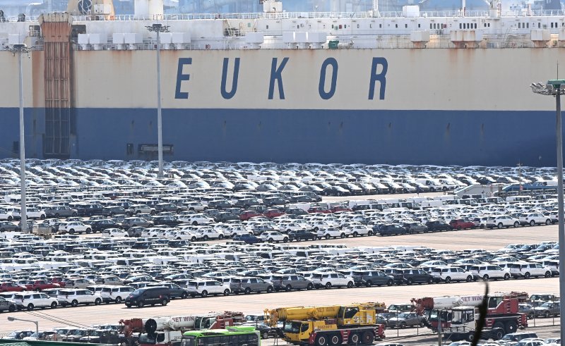 [평택=뉴시스] 김종택 기자 = 16일 경기 평택항에 수출용 자동차가 세워져 있는 모습. 2025.10.16. jtk@newsis.com