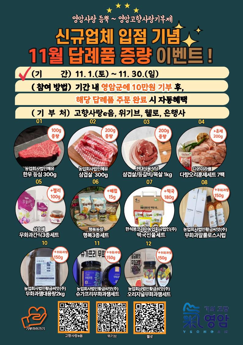 [영암=뉴시스] 전남 영암군 '고향사랑기부 답례품 증량 이벤트'. (사진=영암군 제공) 2025.10.27. photo@newsis.com *재판매 및 DB 금지