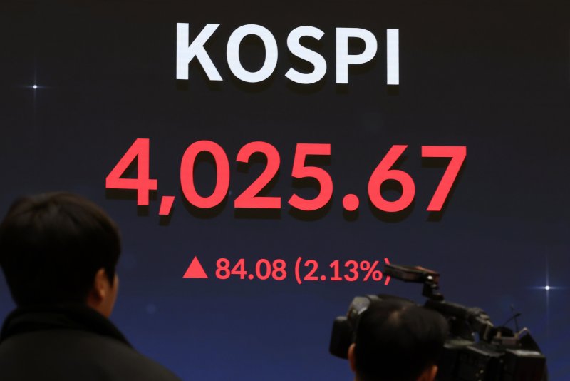 [서울=뉴시스] 조성우 기자 = 코스피가 사상 최초로 장중 4000선을 돌파한 27일 오전 서울 영등포구 한국거래소 서울사무소 홍보관에 지수가 표시되고 있다.코스피는 전 거래일(3941.59)보다 58.20포인트(1.48%) 오른 3999.79에 개장했다. 코스닥 지수는 전 거래일(883.08)보다 7.15포인트(0.81%) 상승한 890.23에 거래를 시작했다. 원·달러 환율은 전 거래일 주간거래 종가(1437.1원)보다 0.4원 내린 1436.7원에 출발했다. 2025.10.27. xconfind@newsis.com