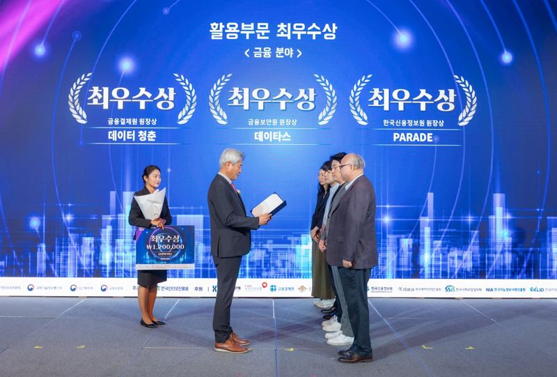 지난 달 서울 더 플라자 호텔에서 개최된 ‘2025 가명정보 활용 경진대회’ 시상식에서 롯데멤버스 데이터플랫폼팀 박인식 매니저, 전북특별자치도청 통계분석팀 박정환 주무관, 제로투원파트너스 데이터인텔리전스 BU본부장 서은영 상무, 윤의현 선임이 최우수상을 수상하고 있다. 롯데멤버스 제공