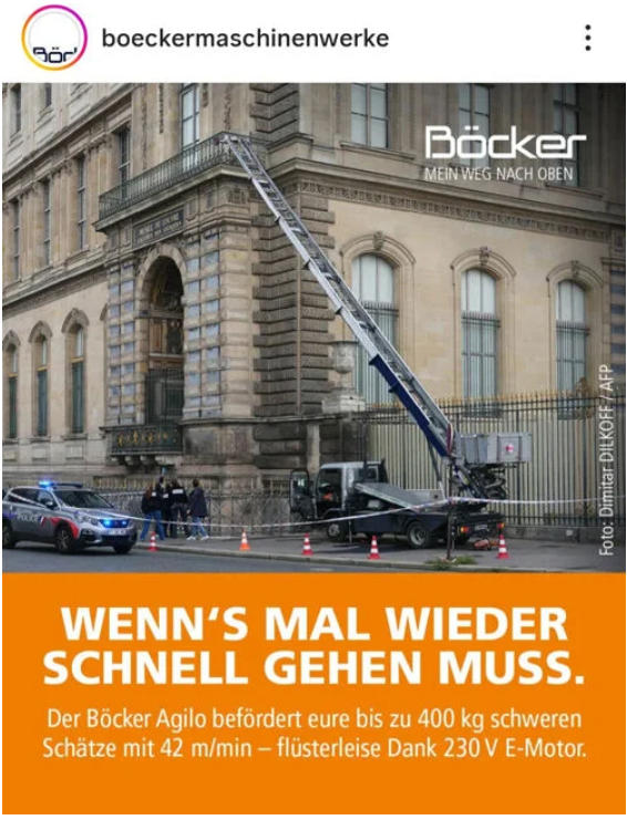 범행에 이용된 사다리차 제조업체 독일의 뵈커가 SNS에 올린 광고 포스터. /사진=BBC 방송